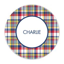 Classic Madras Plaid Navy & Red Melamine Plate by Boatman Geller
