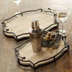 Set of 2 Wood & Metal Decorative Trays