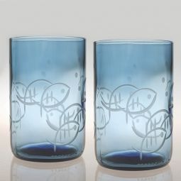 Rolf Glass Blue Fish 14 oz. Tumbler (Set of 4)